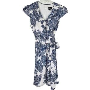 Adrianna Papell Silk Faux Wrap Dress Size 14 Navy White Paisley Tropical Wedding